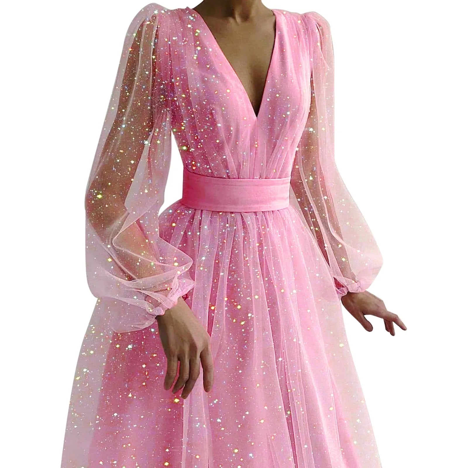 Glitter Tulle Deep V-Neck Bishop Sleeve Wide Waistband A-Line Midi Dress