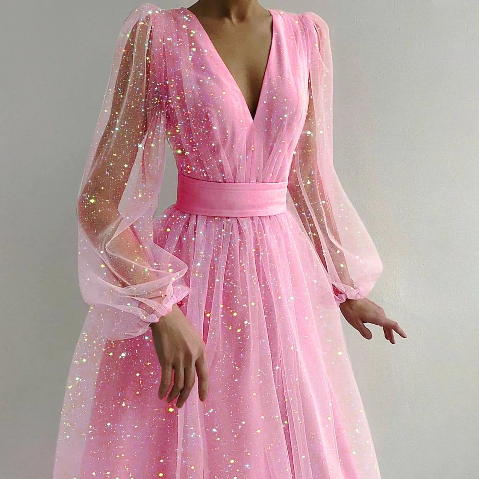 Glitter Tulle Deep V-Neck Bishop Sleeve Wide Waistband A-Line Midi Dress