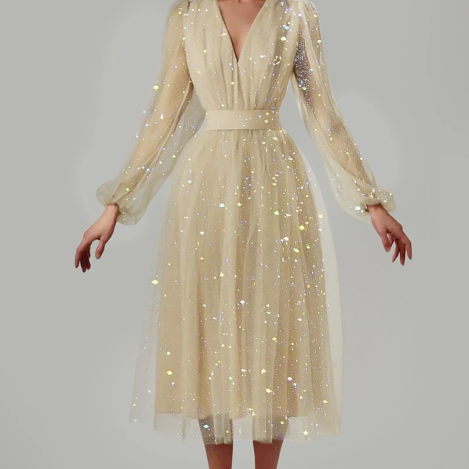 Glitter Tulle Deep V-Neck Bishop Sleeve Wide Waistband A-Line Midi Dress