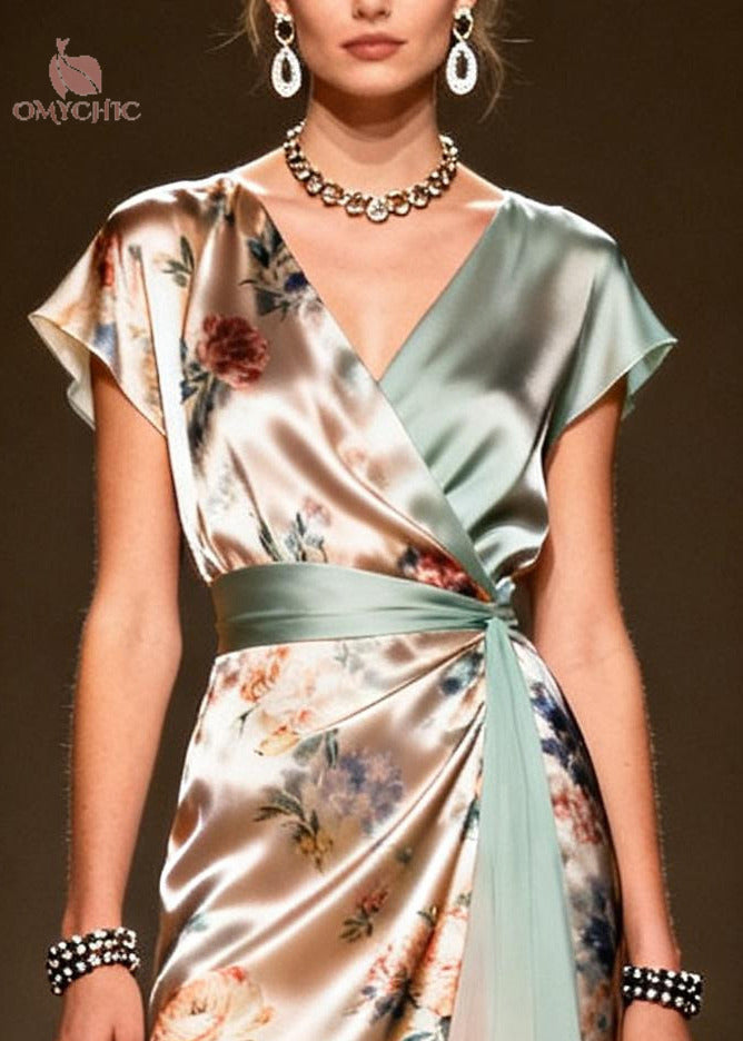 Fashion Khaki Asymmetrical Print Chiffon Maxi Dress Summer - View 2