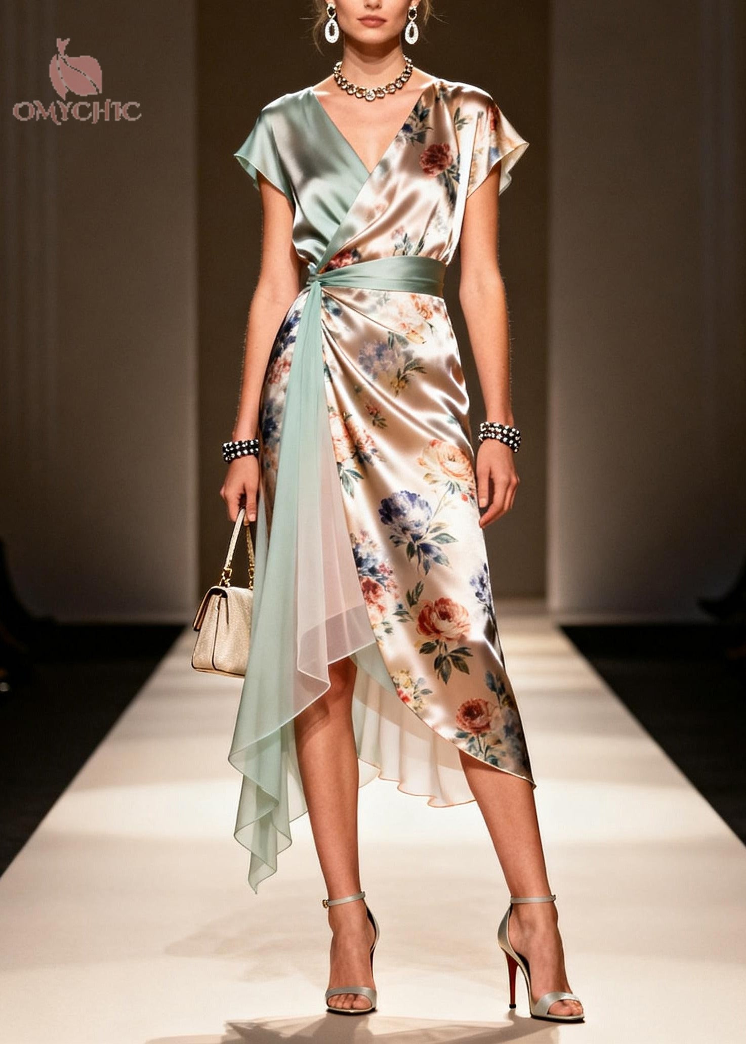Fashion Khaki Asymmetrical Print Chiffon Maxi Dress Summer - View 3