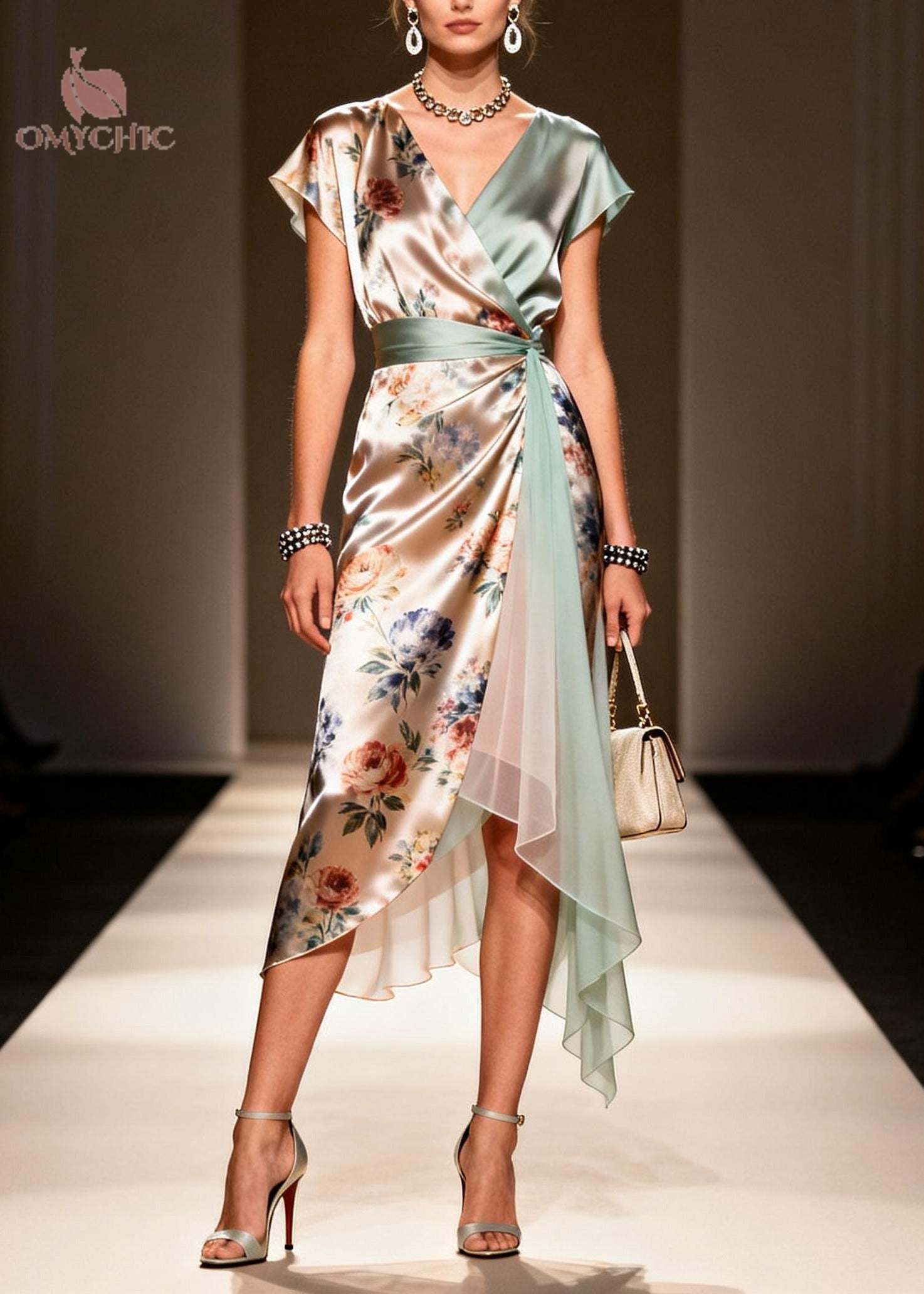 Fashion Khaki Asymmetrical Print Chiffon Maxi Dress Summer - View 5