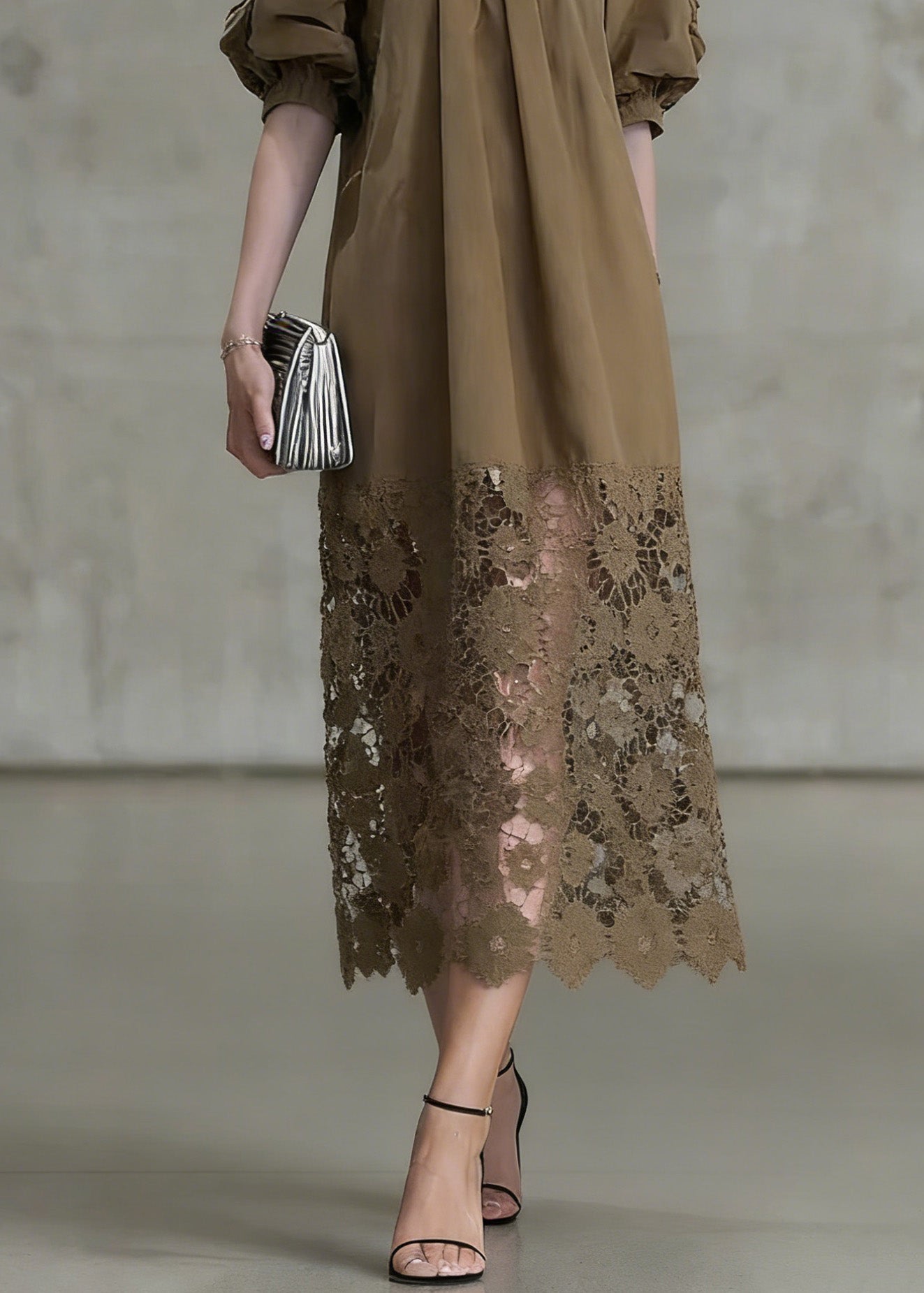 Fashion Light Coffee Puff Sleeve Lace Patchwork Cotton Long Dress 4
