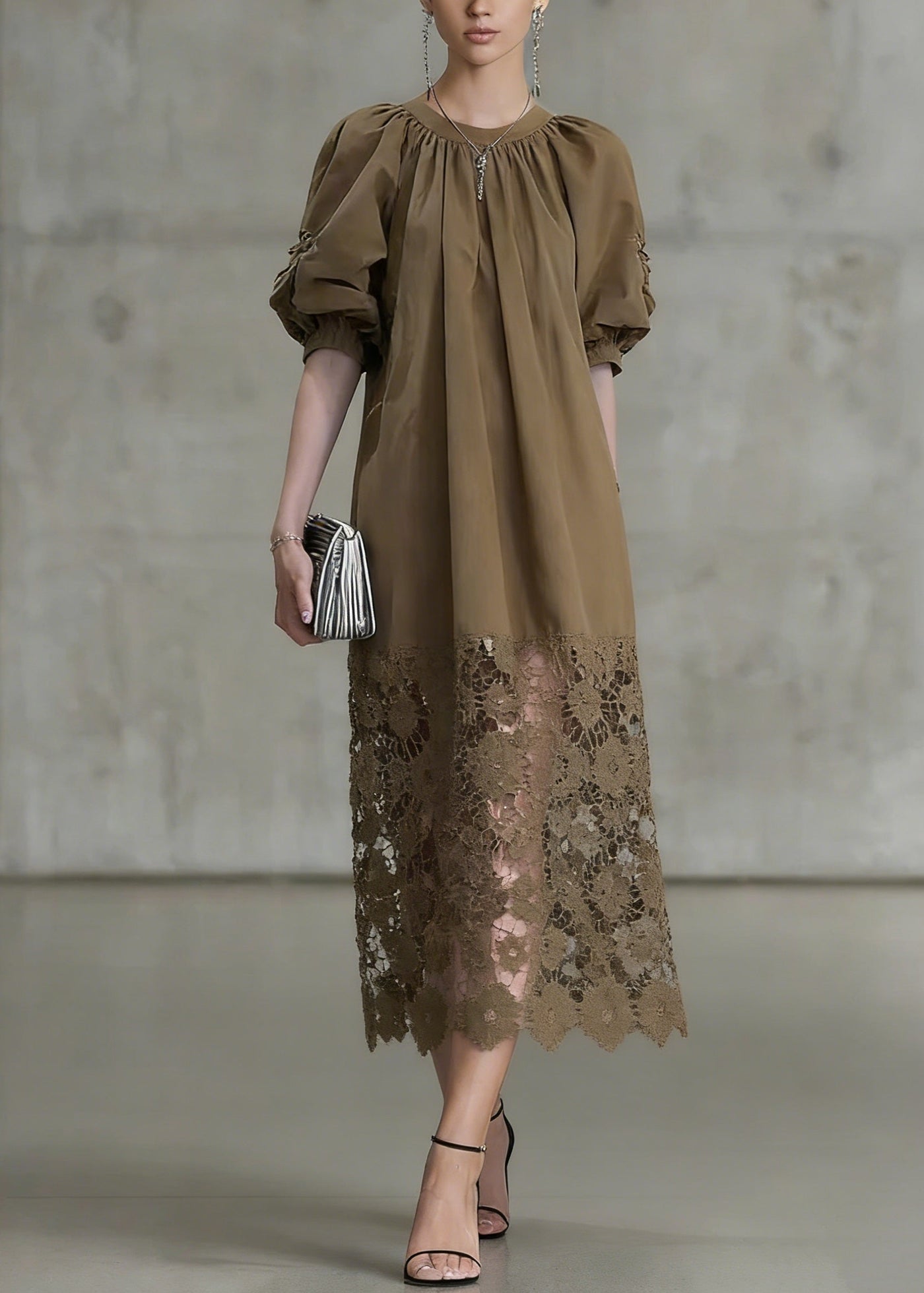 Fashion Light Coffee Puff Sleeve Lace Patchwork Cotton Long Dress 5