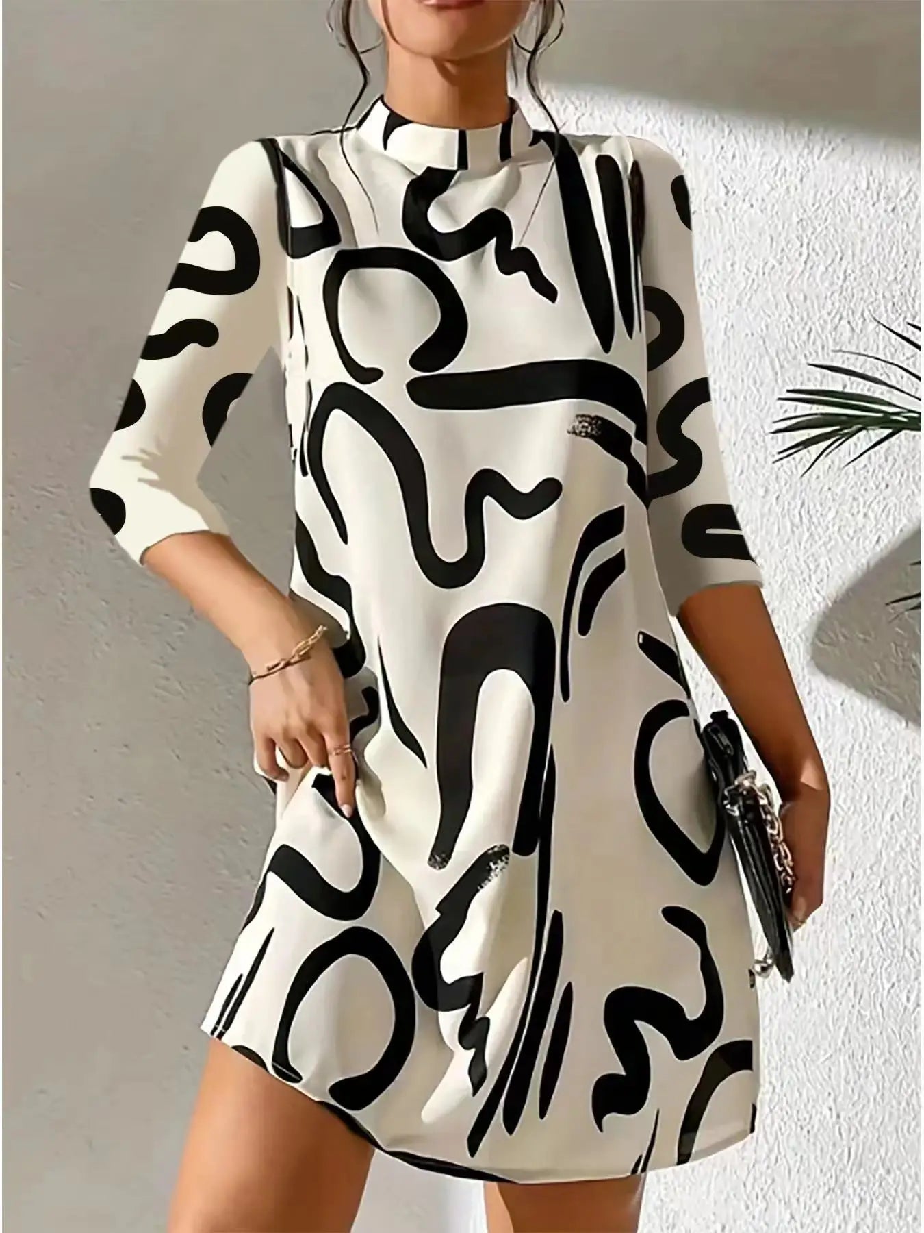 Abstract Graphic Print Mock Neck Three Quarter Sleeve A-Line Shift Mini Dress