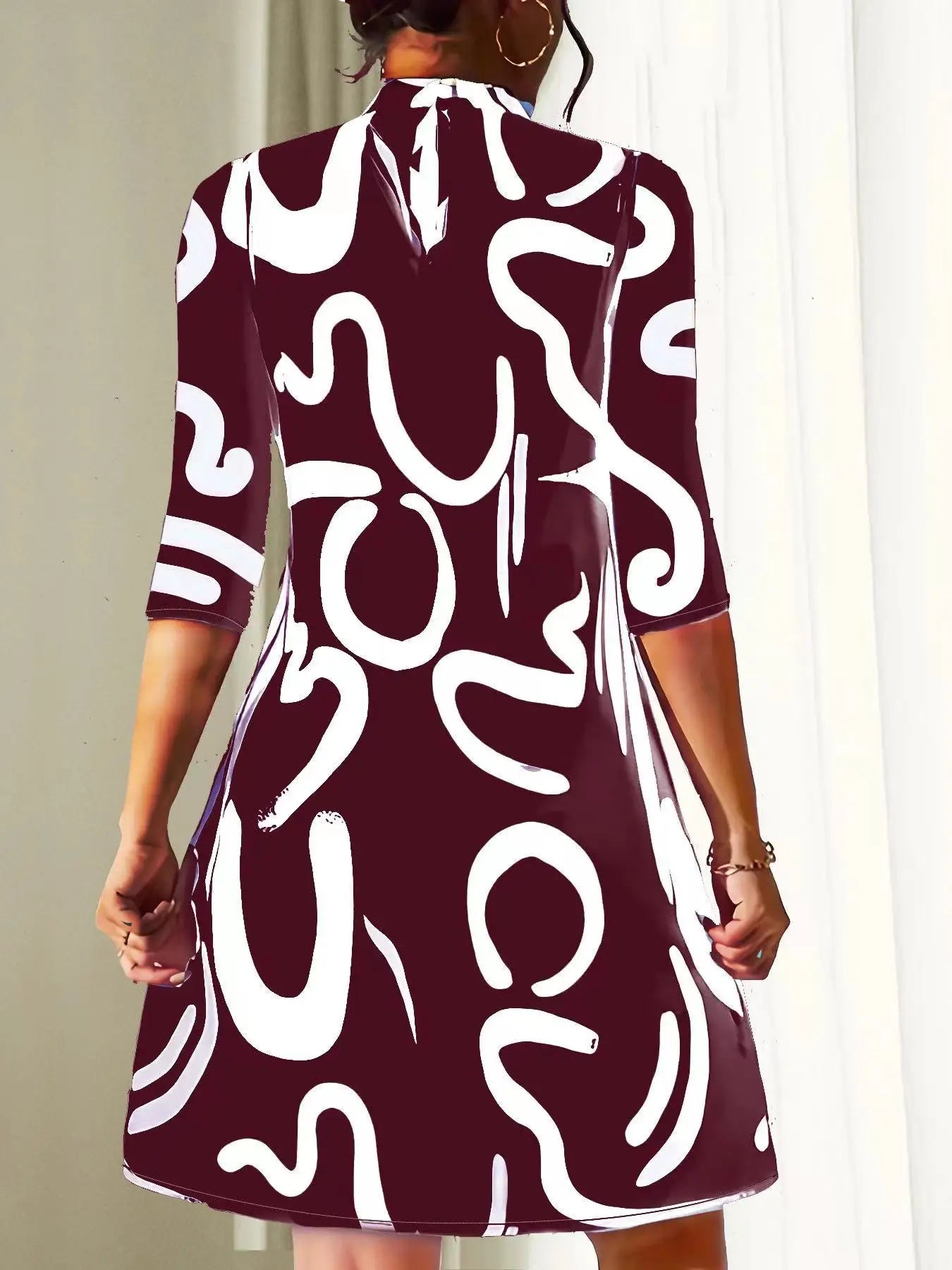 Abstract Graphic Print Mock Neck Three Quarter Sleeve A-Line Shift Mini Dress