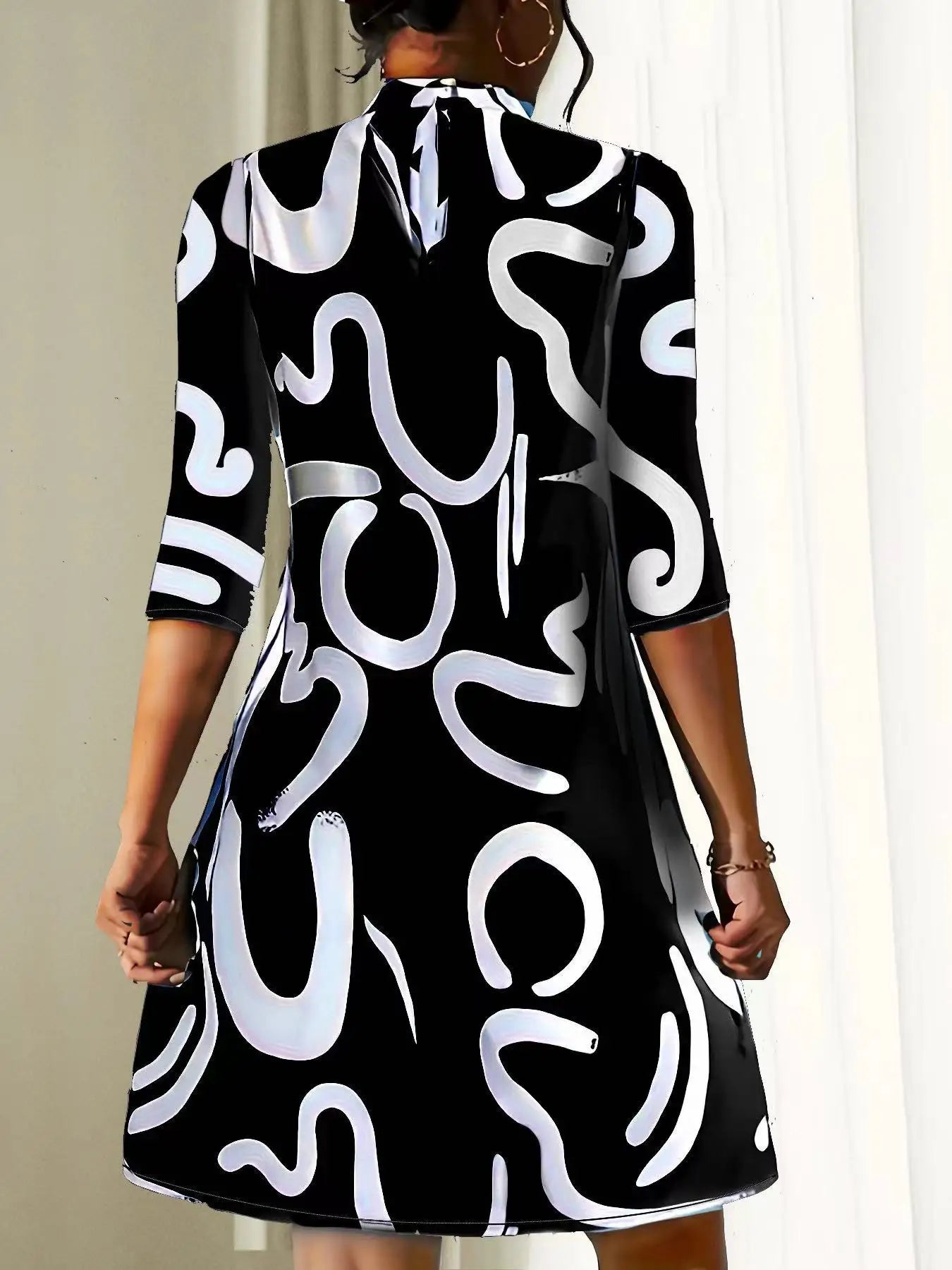Abstract Graphic Print Mock Neck Three Quarter Sleeve A-Line Shift Mini Dress