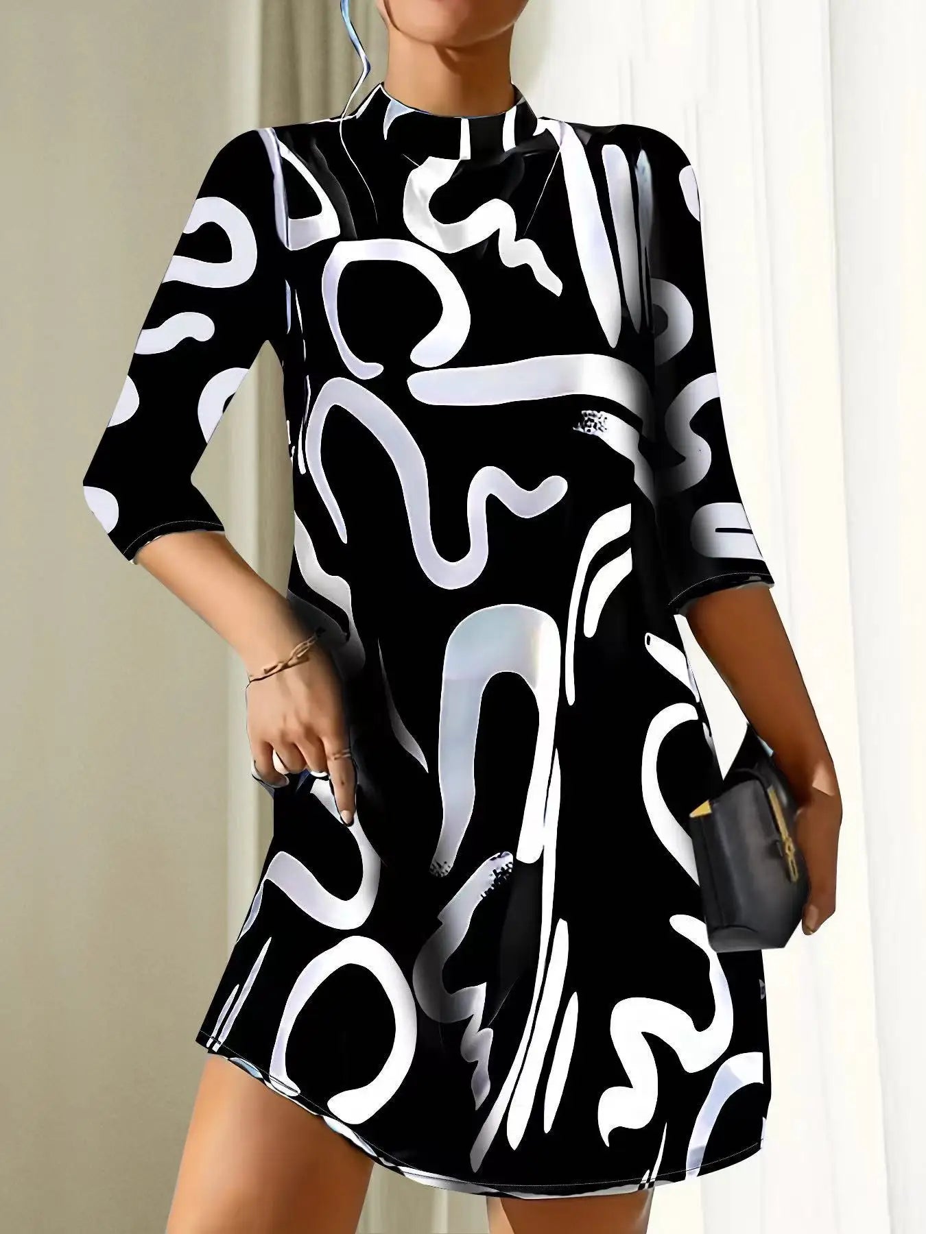 Abstract Graphic Print Mock Neck Three Quarter Sleeve A-Line Shift Mini Dress