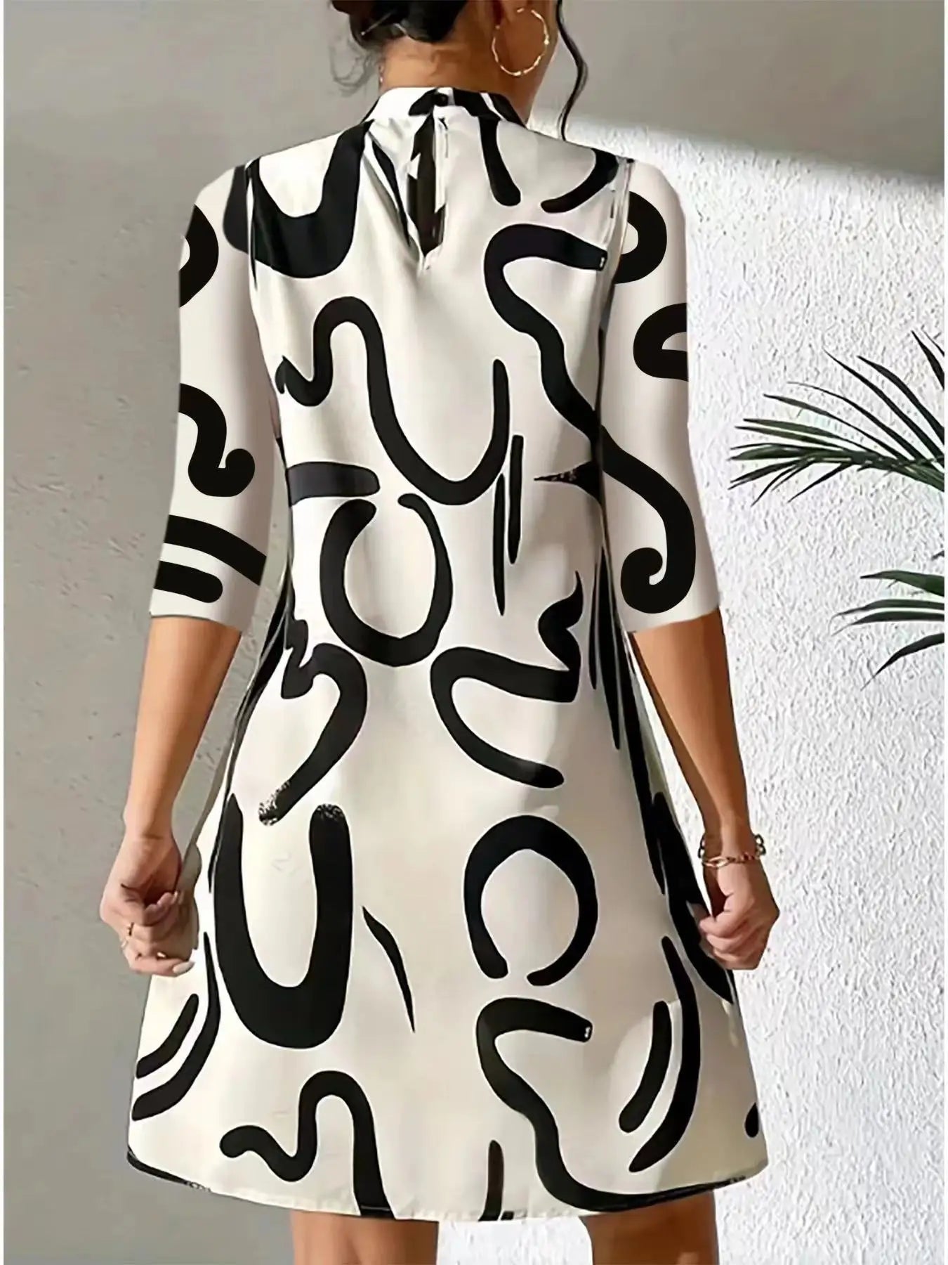 Abstract Graphic Print Mock Neck Three Quarter Sleeve A-Line Shift Mini Dress