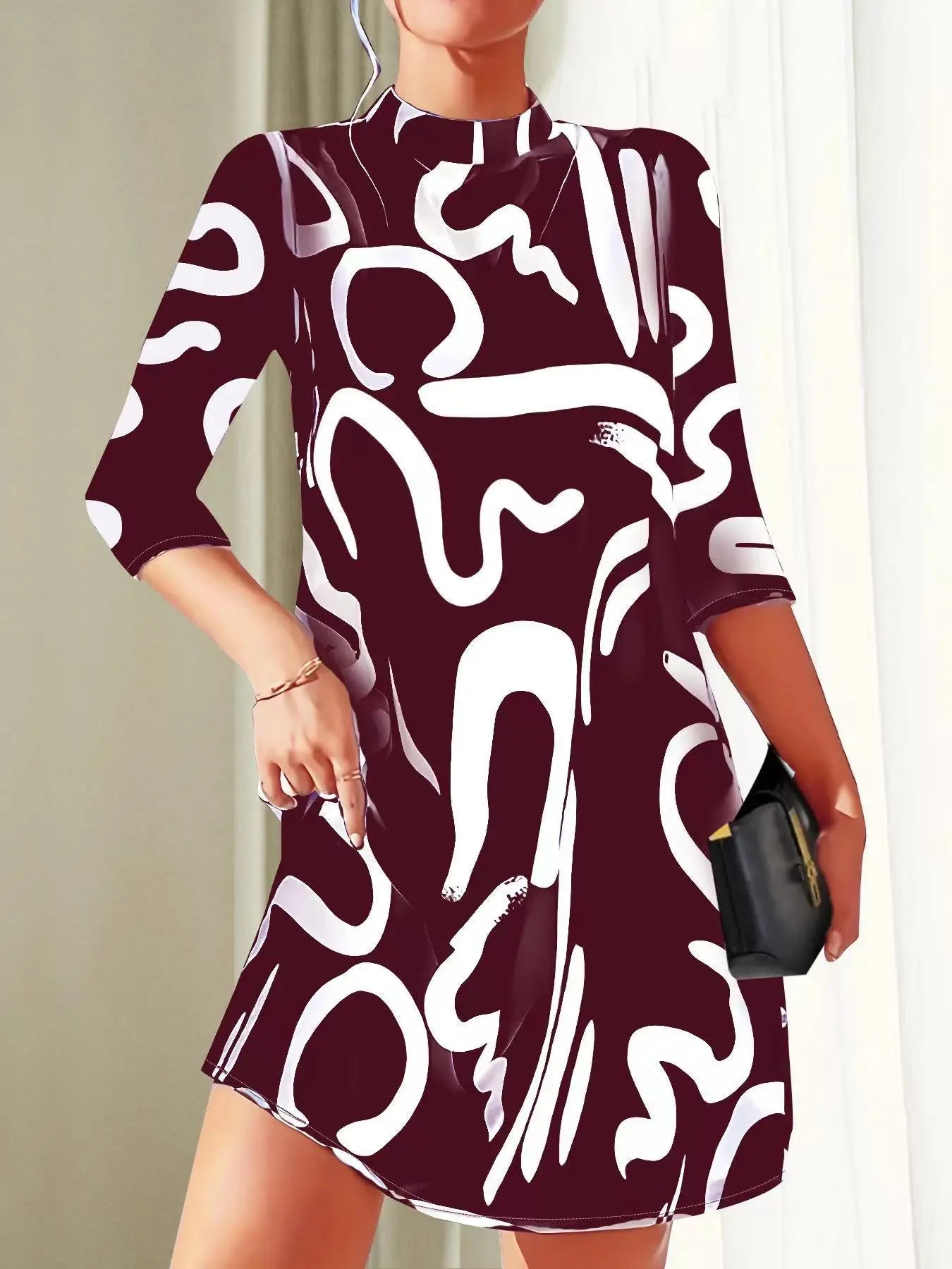 Abstract Graphic Print Mock Neck Three Quarter Sleeve A-Line Shift Mini Dress