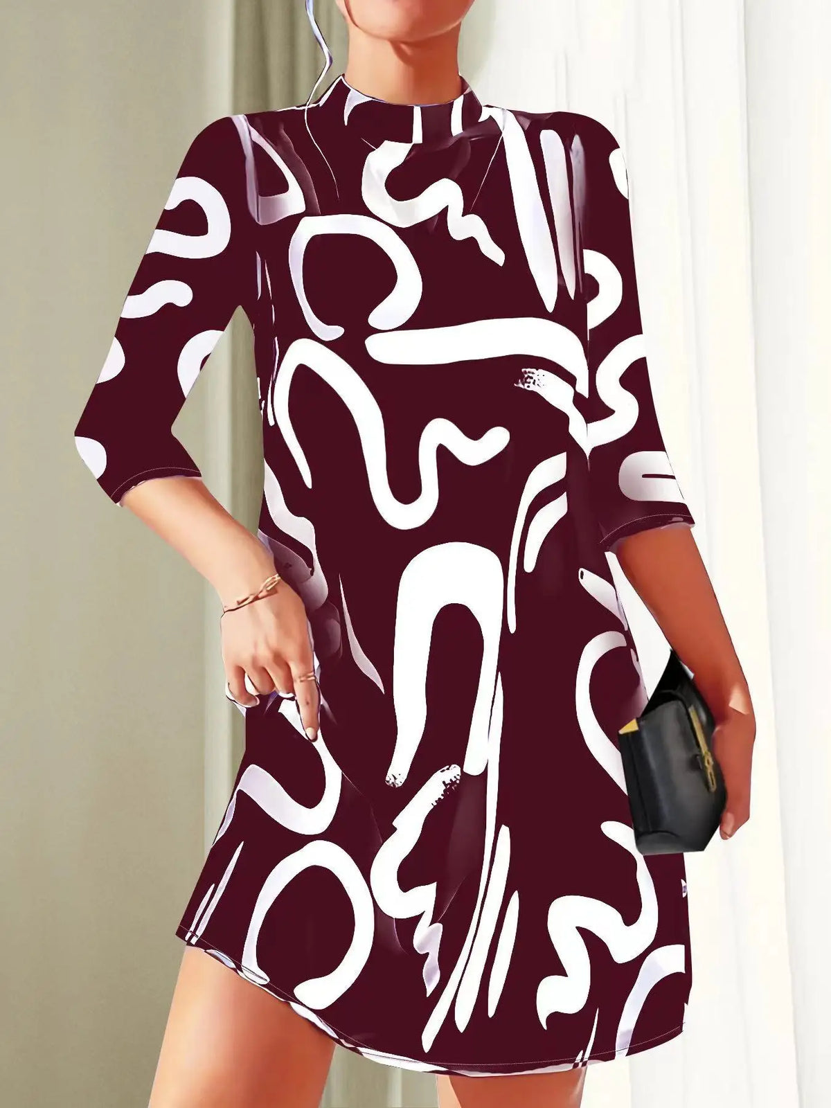 Abstract Graphic Print Mock Neck A-Line Shift Mini Dress - View 7