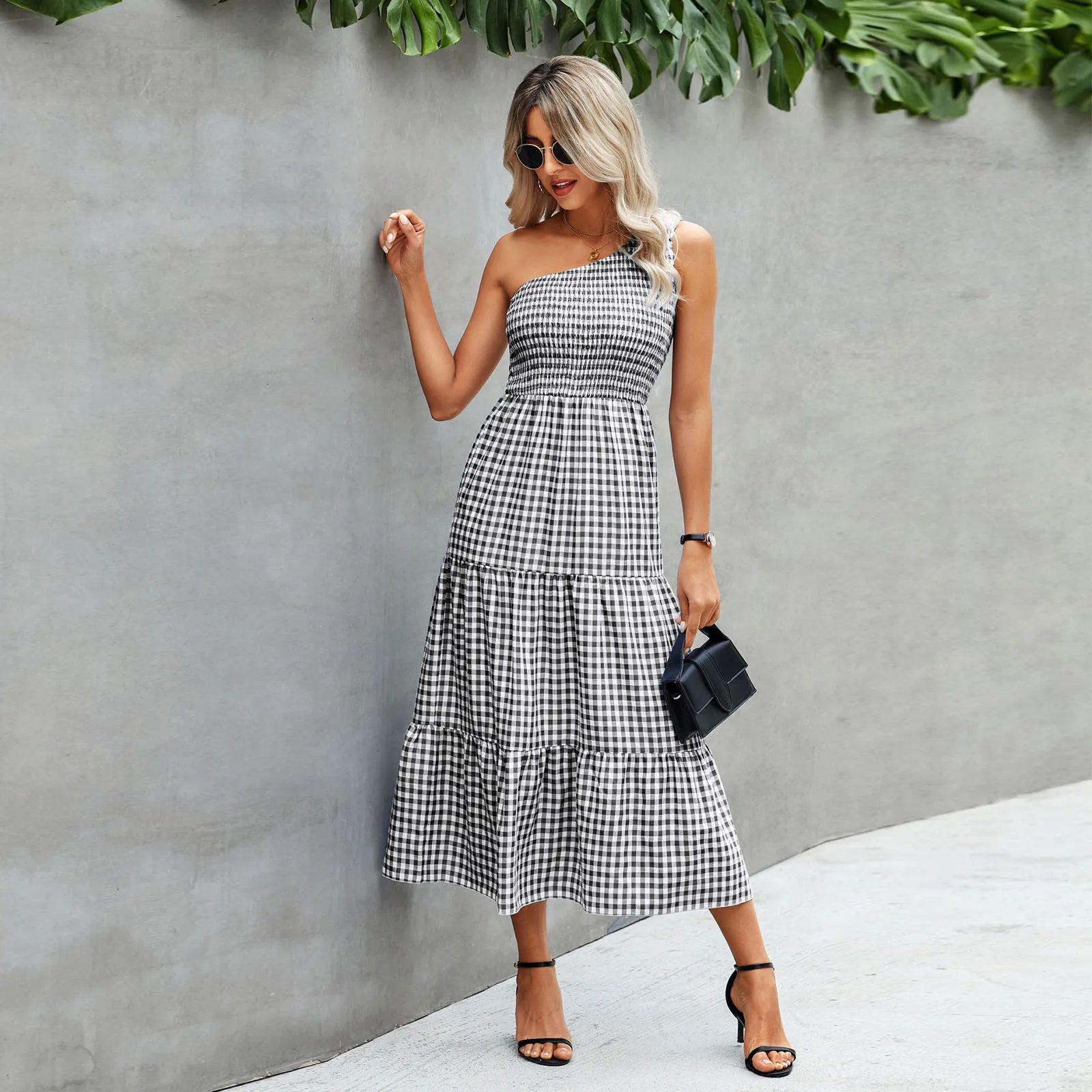Gingham One Shoulder Sleeveless Tiered Maxi Dress
