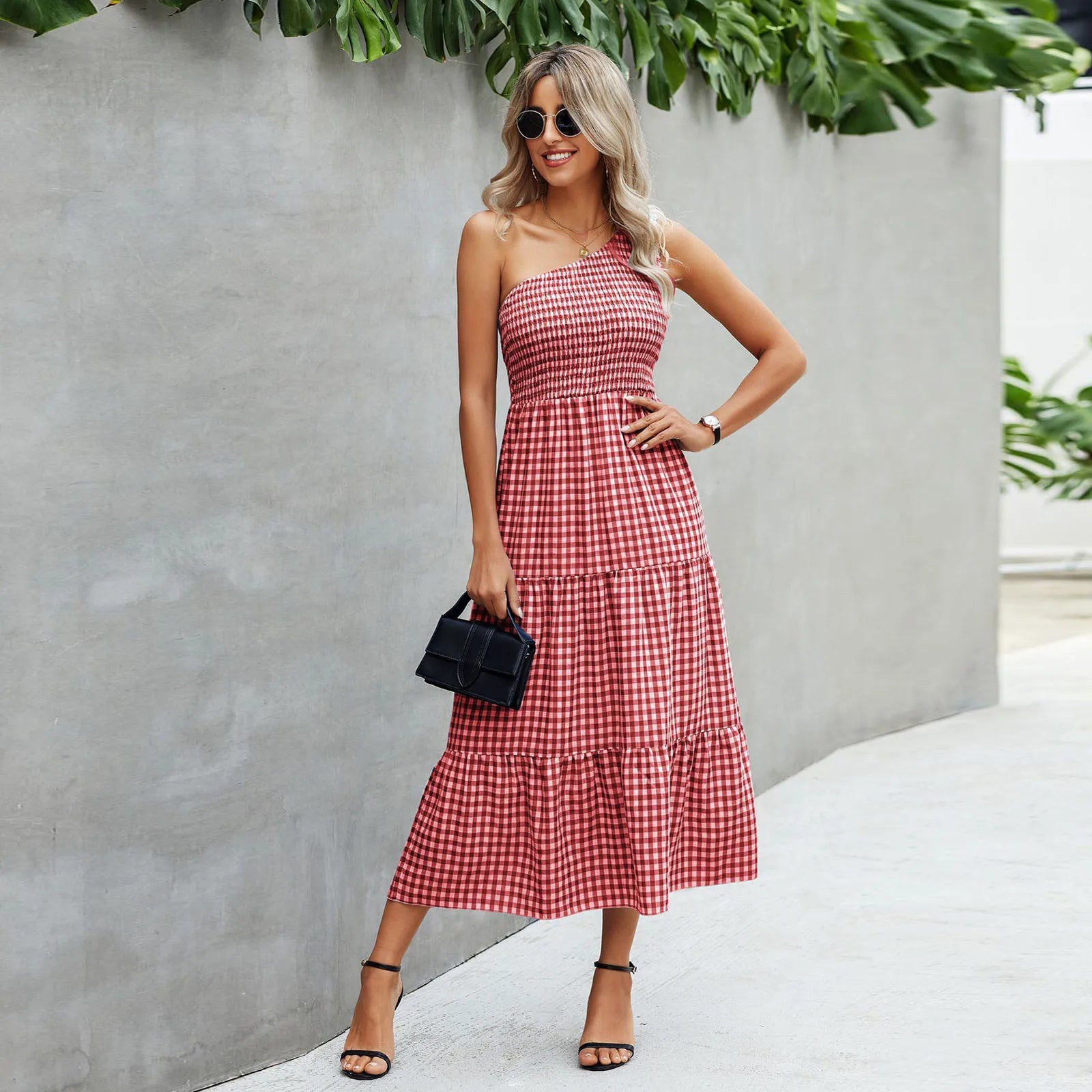 Gingham One Shoulder Sleeveless Tiered Maxi Dress