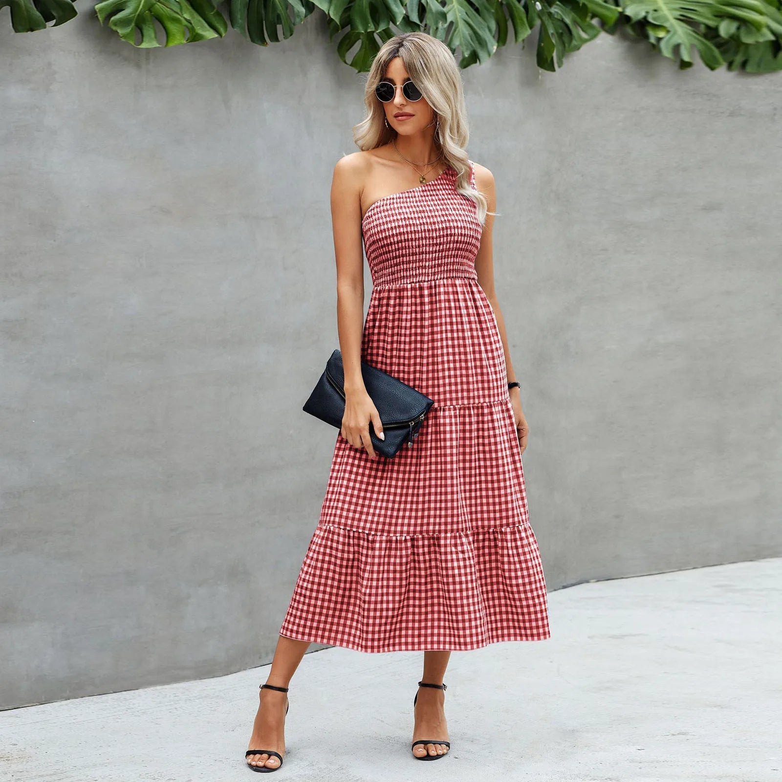 Gingham One Shoulder Sleeveless Tiered Maxi Dress