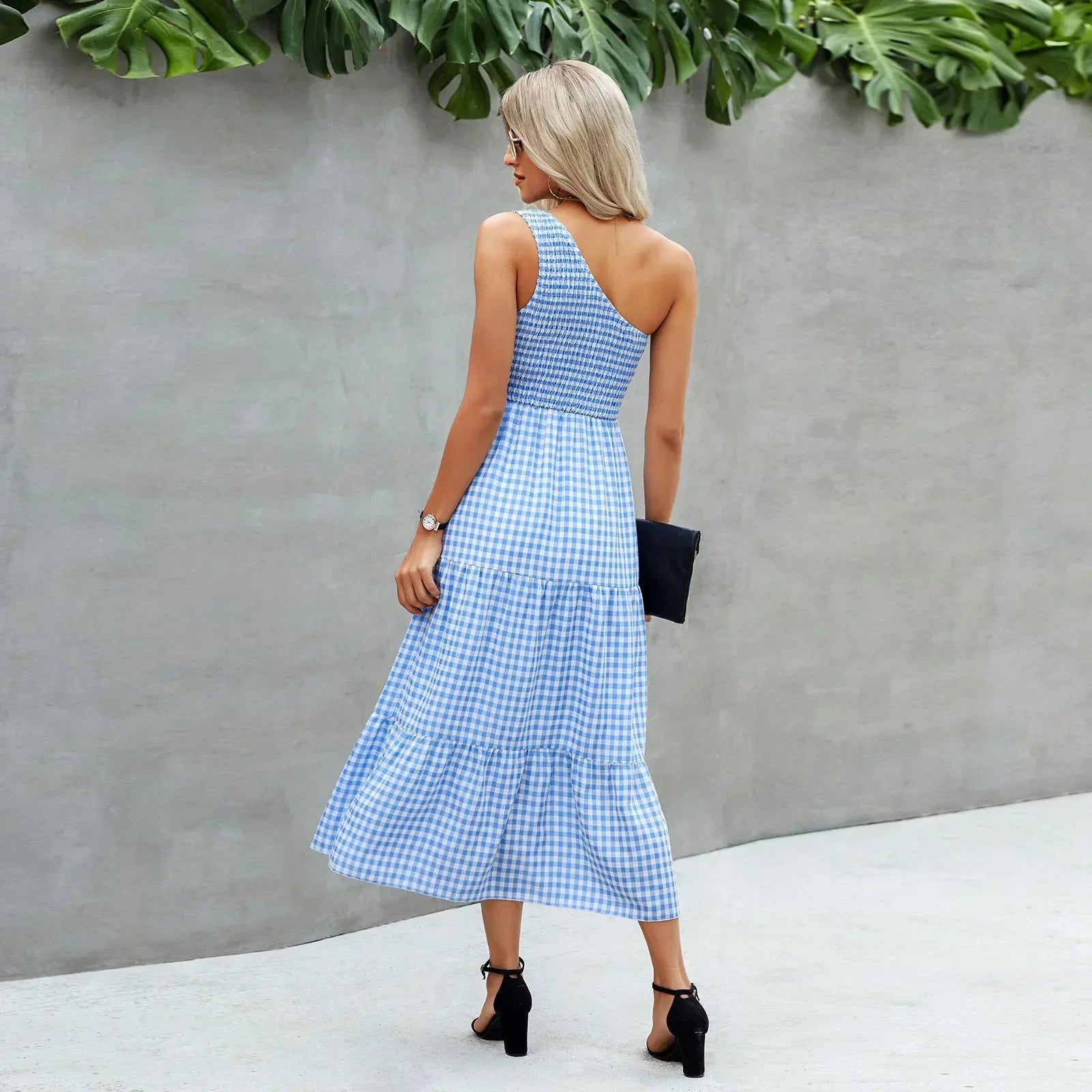 Gingham One Shoulder Sleeveless Tiered Maxi Dress