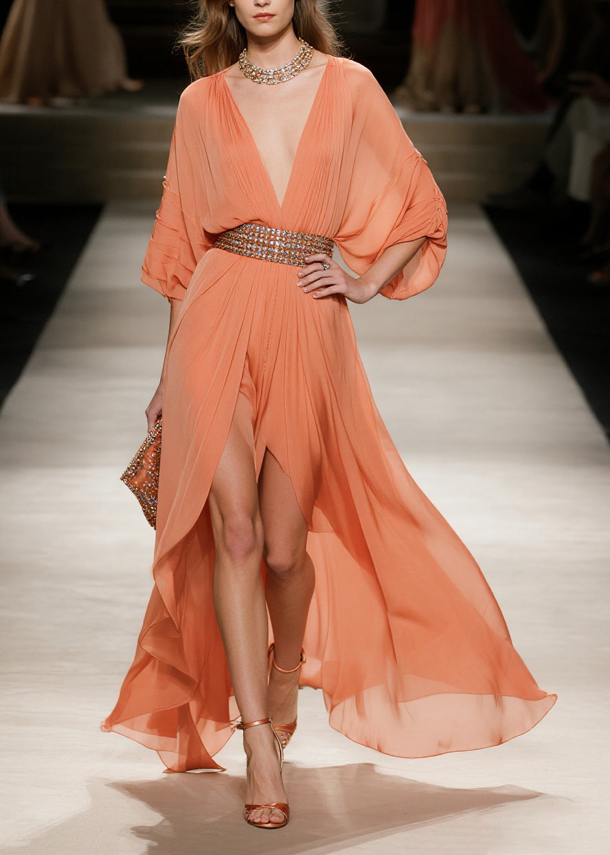 Fashion Orange Exra Large Hem Side Open Tulle Maxi Dress Summer 5
