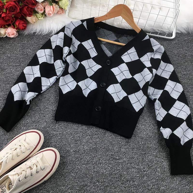 Plaid Black White Knitted Cardigan / One Size