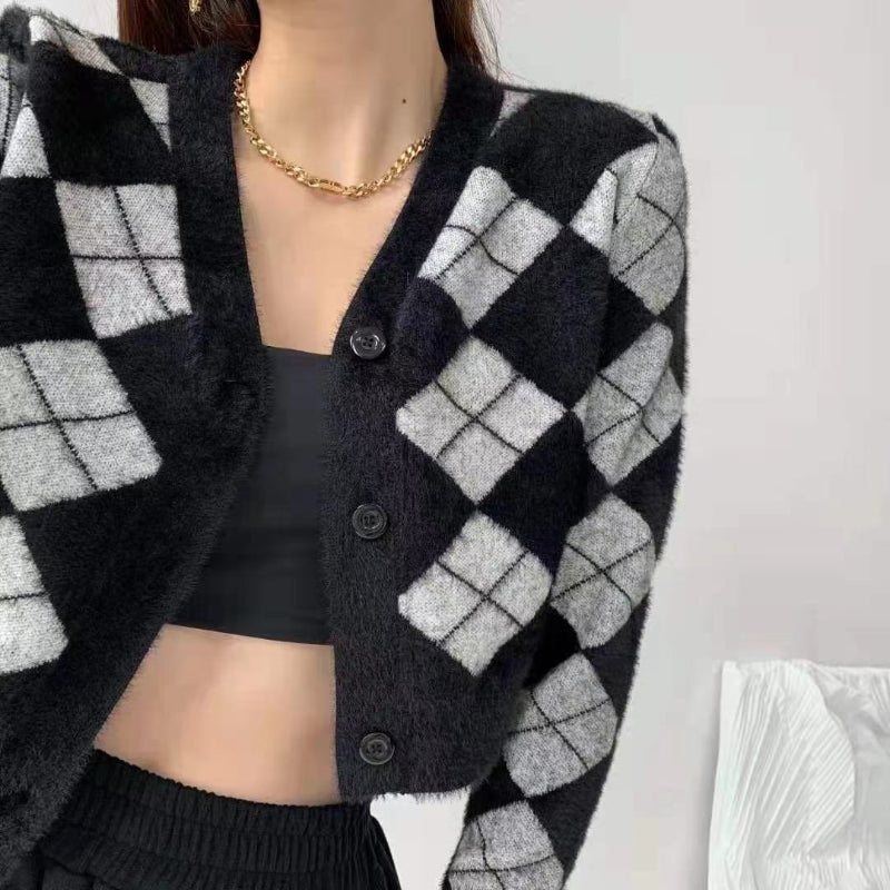 Plaid Black White Knitted Cardigan