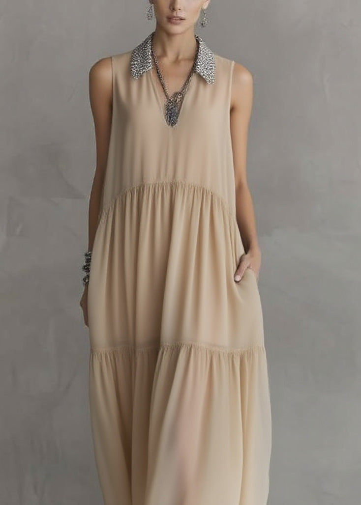 Chiffon Sequin Collar V-Neck Sleeveless Tiered Pocket Midi Dress