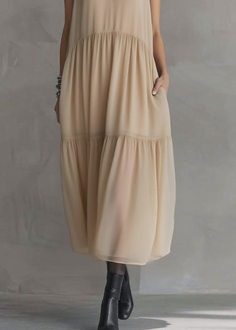 Chiffon Sequin Collar V-Neck Sleeveless Tiered Pocket Midi Dress