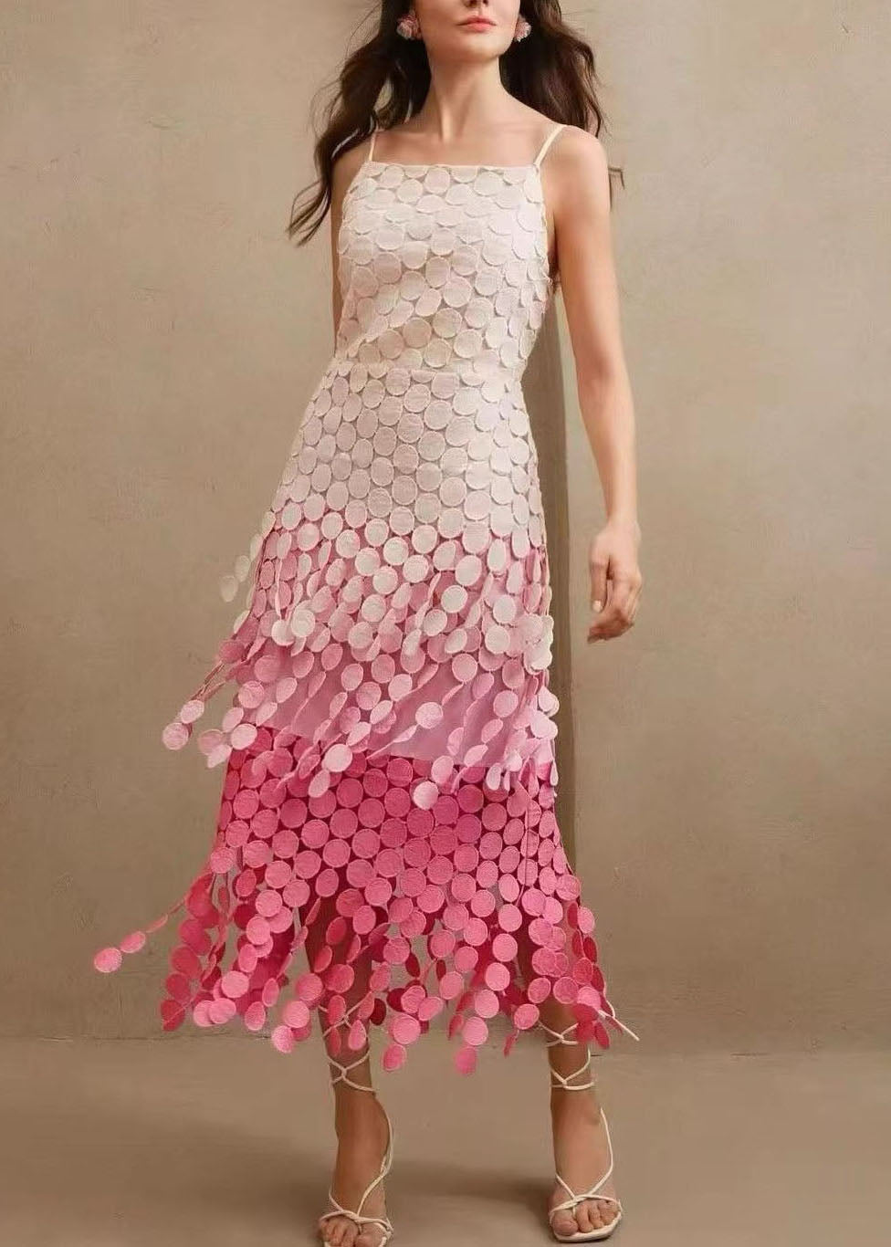 Fashion Pink Gradient Tasseled Spaghetti Strap Dress Summer