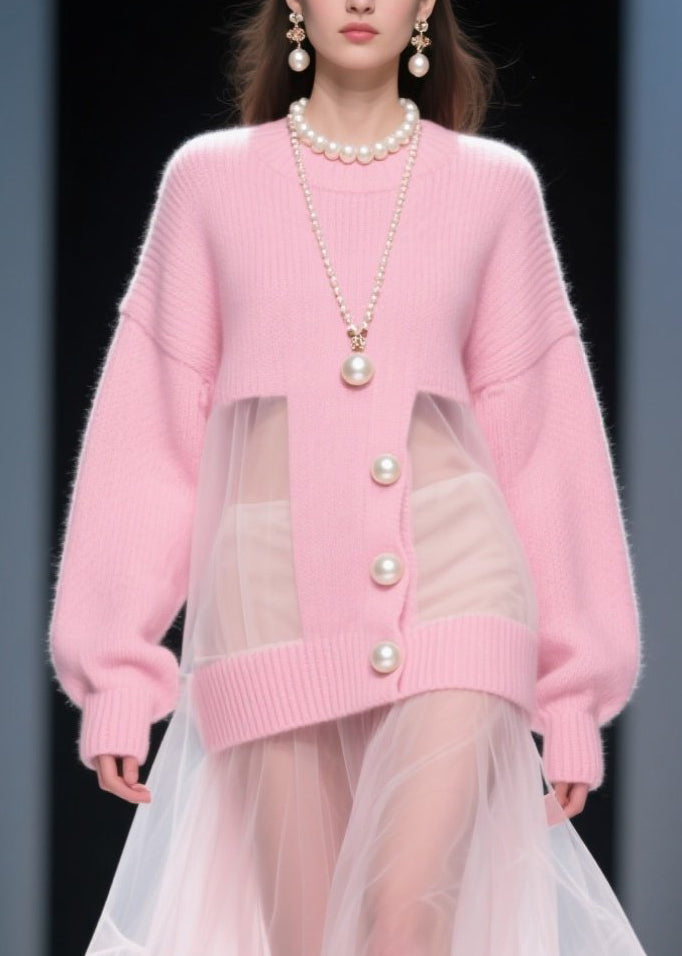 Tulle Patchwork Pearl Button Crew Neck Knit Midi Dress