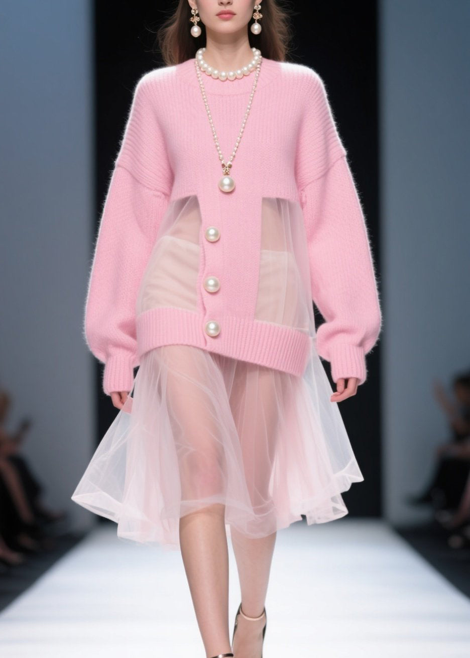 Tulle Patchwork Pearl Button Crew Neck Knit Midi Dress