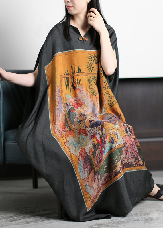 Graphic Panel Print Frog Button Batwing Sleeve Oversized Kaftan Maxi Dress