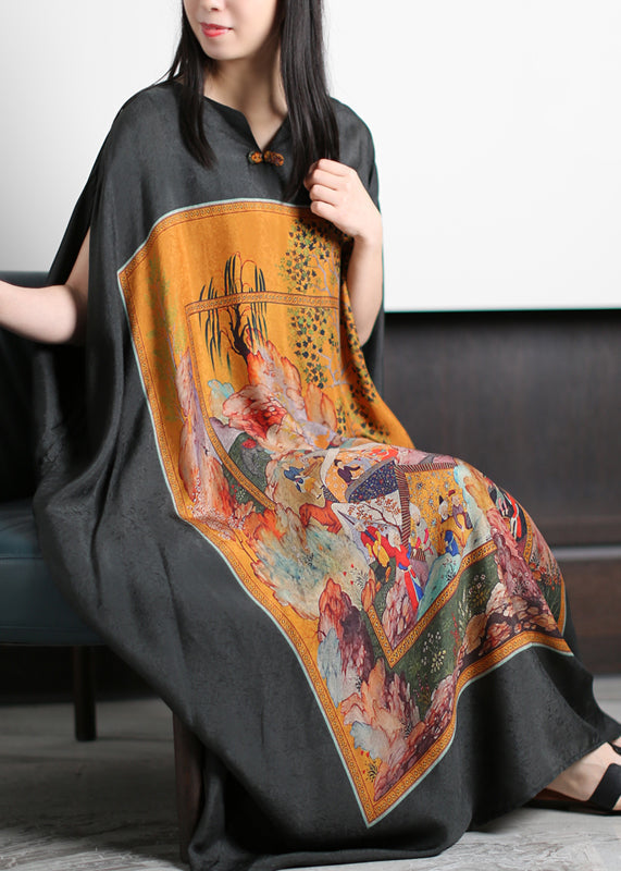 Graphic Panel Print Frog Button Batwing Sleeve Oversized Kaftan Maxi Dress
