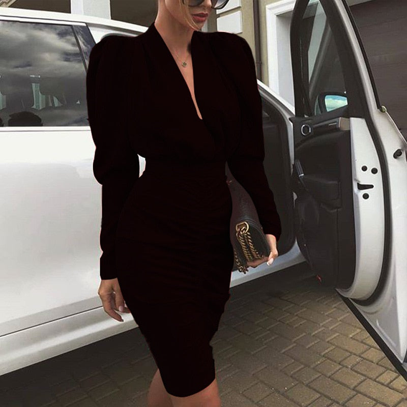Deep V-Neck Puff Shoulder Long Sleeve Ruched Wrap Waist Midi Dress