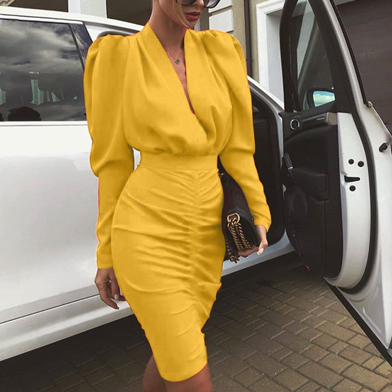 Deep V-Neck Puff Shoulder Long Sleeve Ruched Wrap Waist Midi Dress