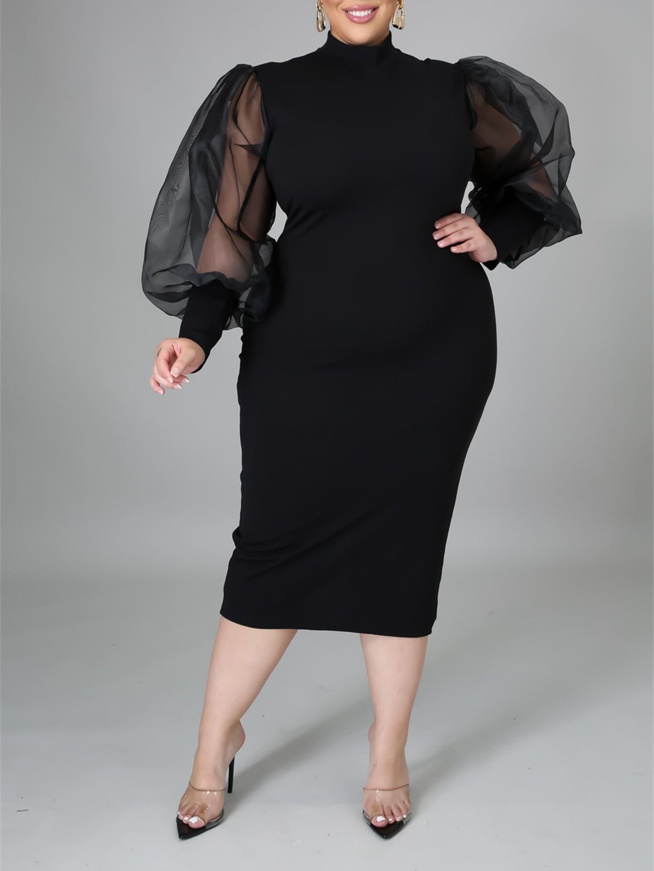 Fashion Puff Sleeve Plus Size Party Midi Dress