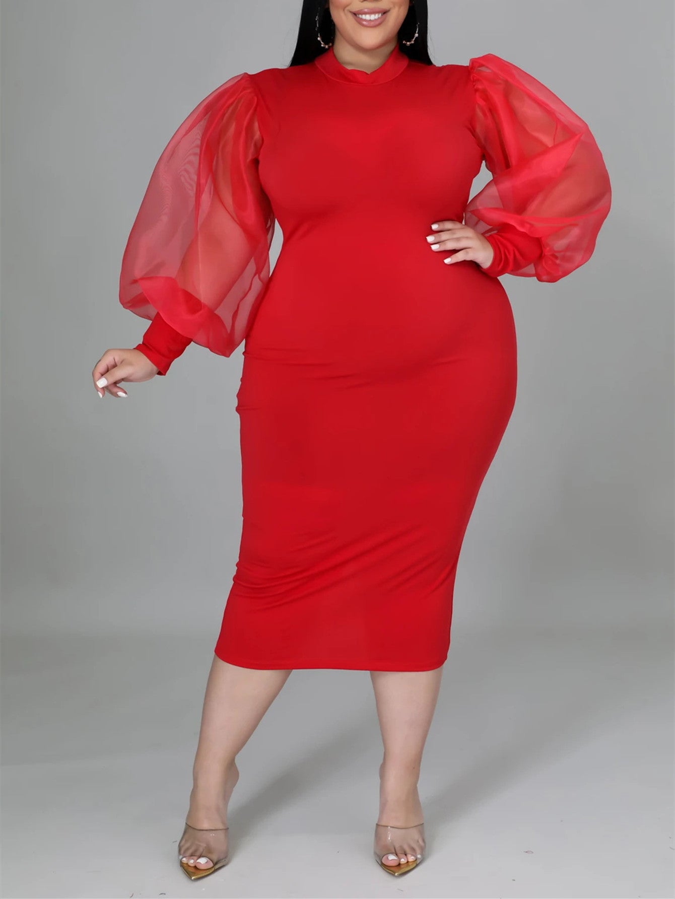 Fashion Puff Sleeve Plus Size Party Midi Dress