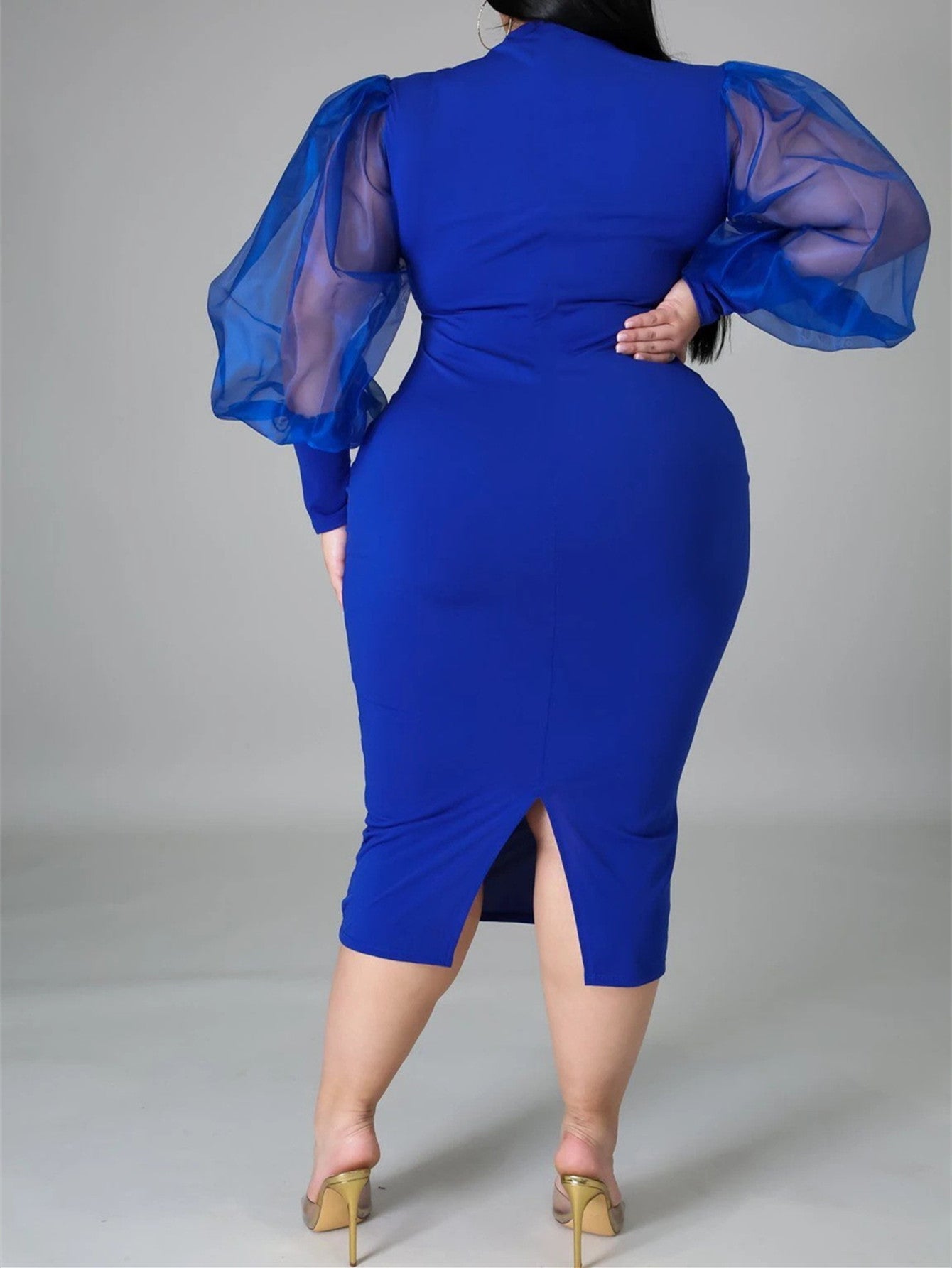 Fashion Puff Sleeve Plus Size Party Midi Dress