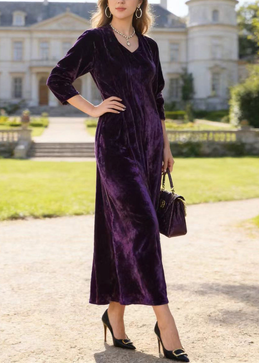 Velvet V-Neck Three Quarter Sleeve Relaxed A-Line Maxi Dress