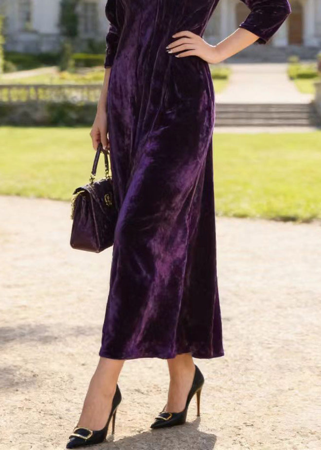 Velvet V-Neck Three Quarter Sleeve Relaxed A-Line Maxi Dress