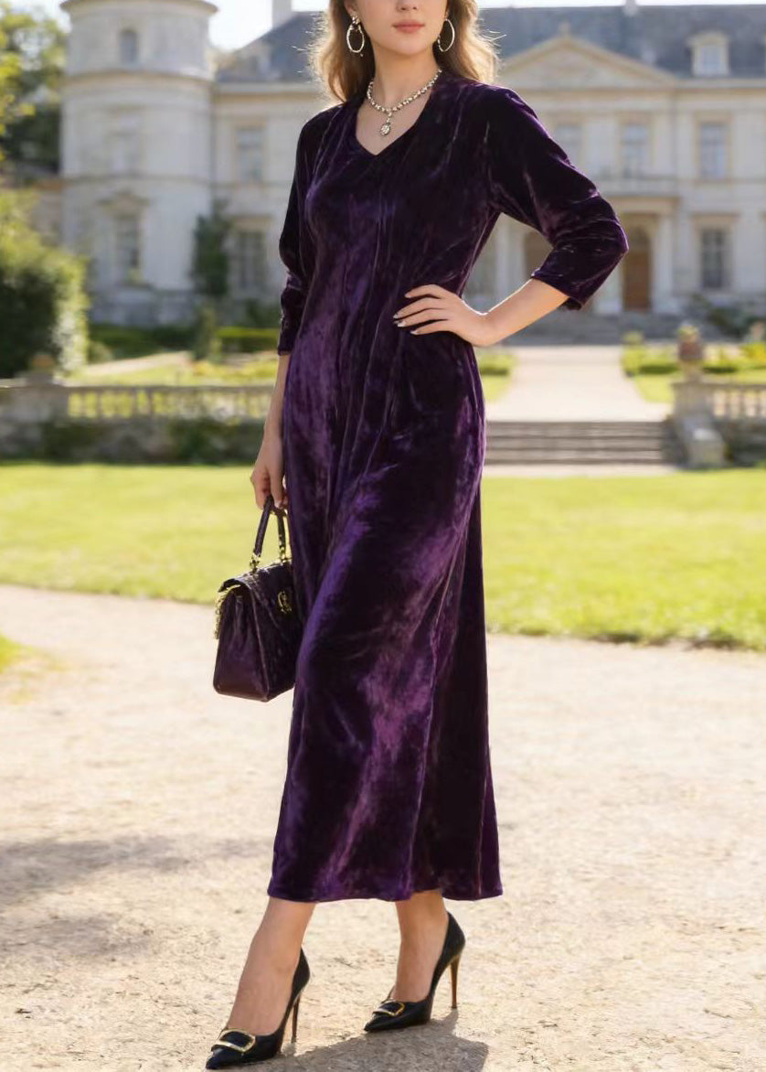 Velvet V-Neck Three Quarter Sleeve Relaxed A-Line Maxi Dress
