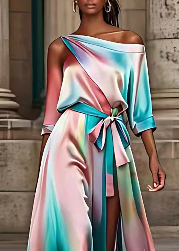 Marble Print One Shoulder Wrap Tie Waist High Split Maxi Gown