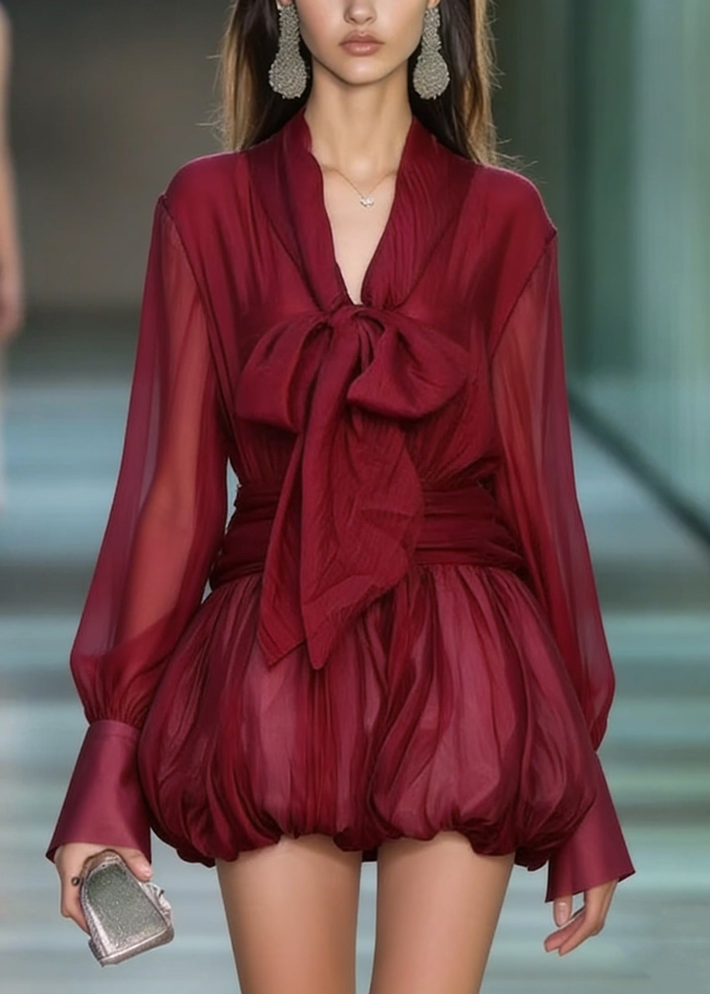 Fashion Red Lace Up Patchwork Chiffon Mini Dress Spring 5