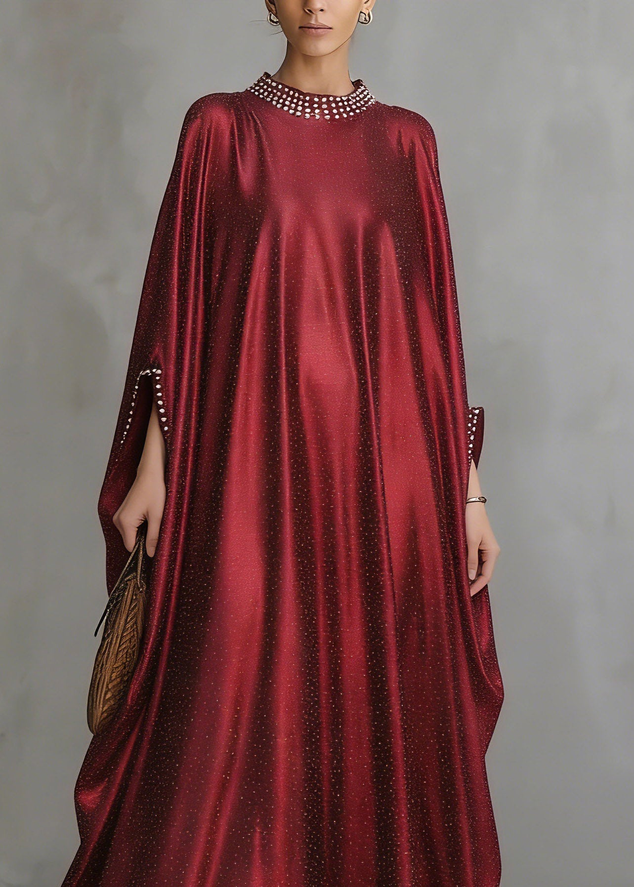 Satin Pearl Trim Cape Sleeve Glitter Kaftan Maxi Gown