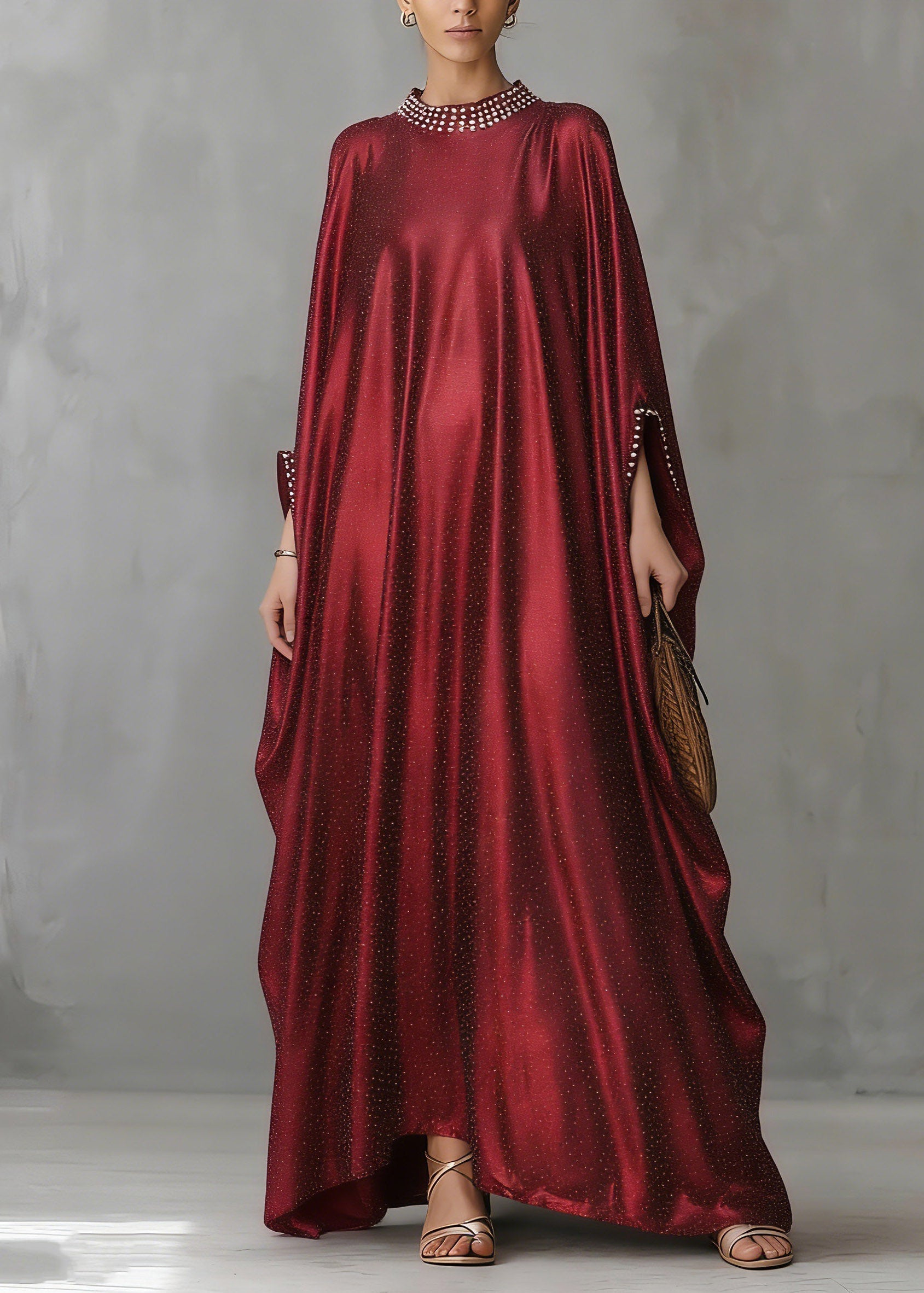 Satin Pearl Trim Cape Sleeve Glitter Kaftan Maxi Gown
