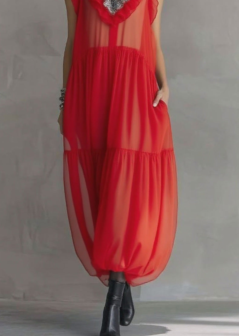 Fashion Red Ruffled Patchwork Chiffon Long Dress Sleeveless 4
