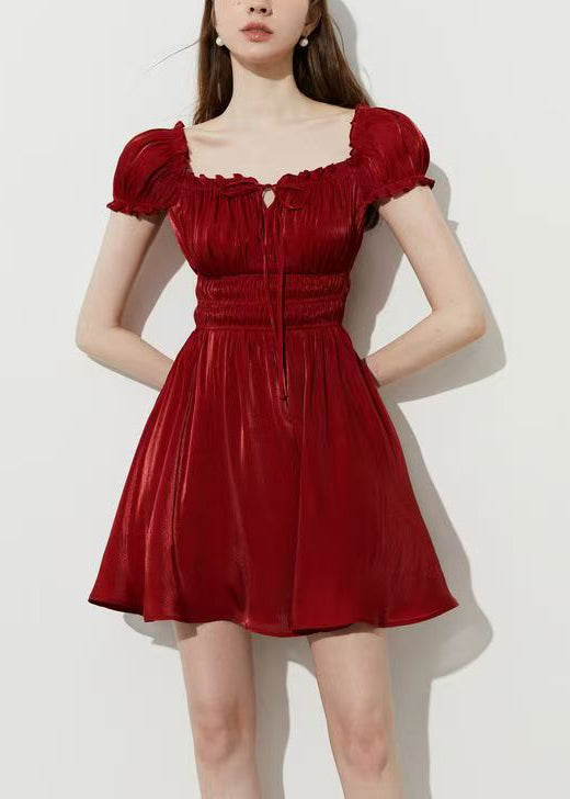 Fashion Red Square Collar Wrinkled Silk Mini Dress Summer