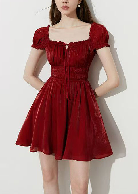 Smocked Waist Square Neck Tie Front Puff Sleeve Crinkle Texture A-Line Mini Dress