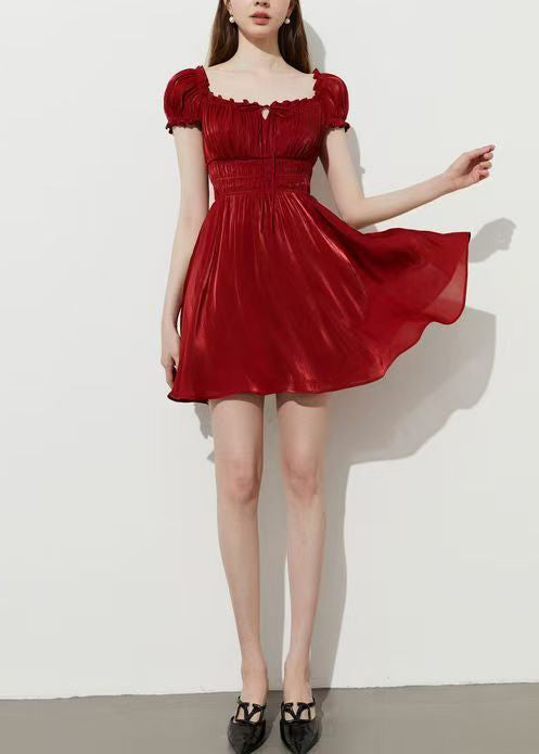 Fashion Red Square Collar Wrinkled Silk Mini Dress Summer