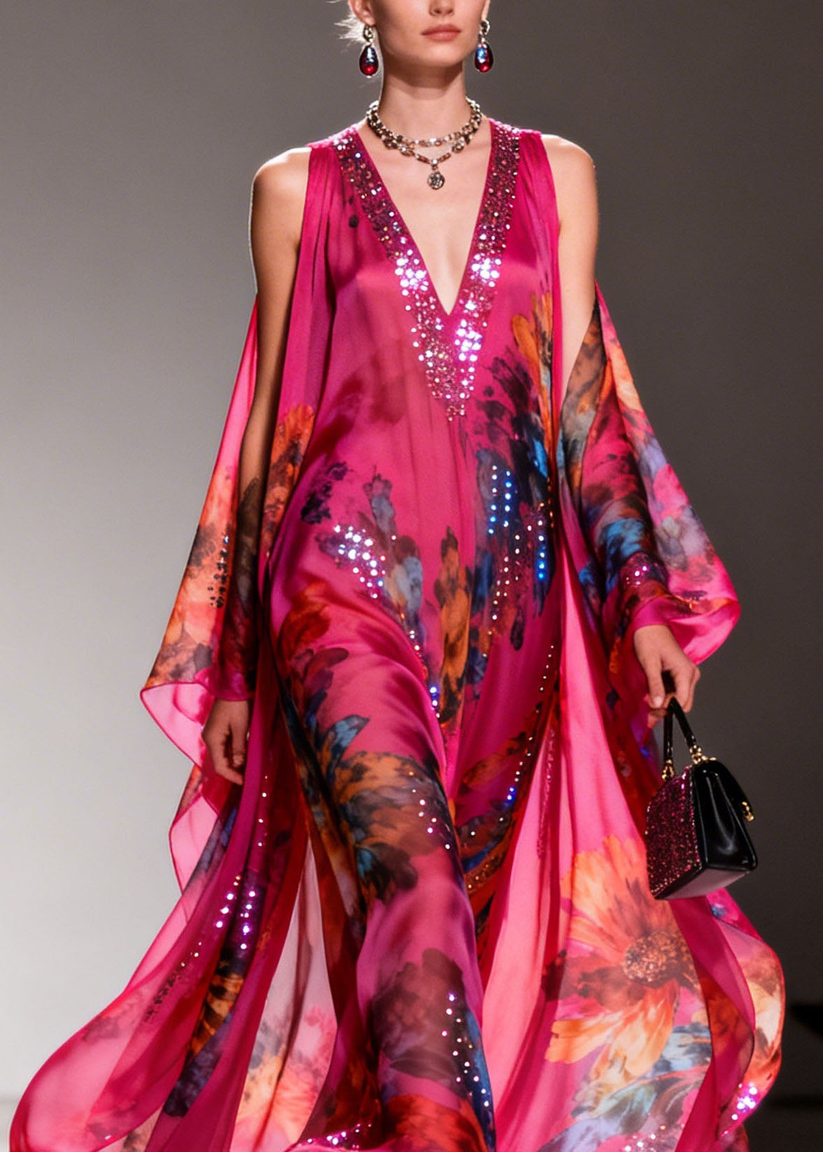 Floral Print Sequin Trim Deep V-Neck Sheer Cape Overlay Chiffon Maxi Gown