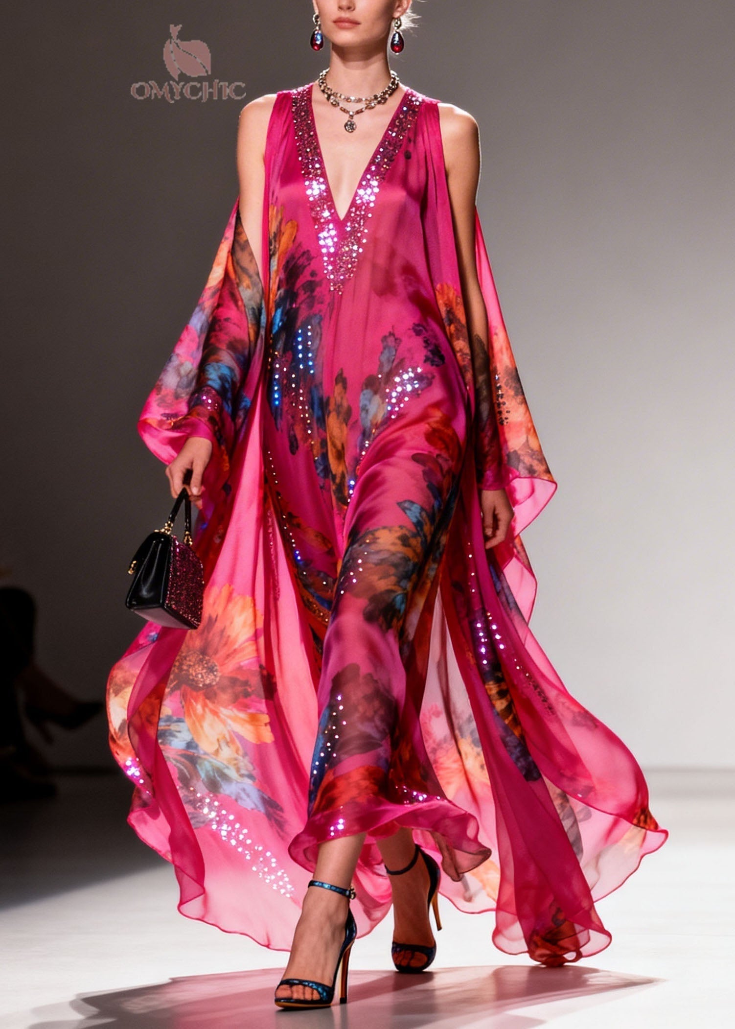 Floral Print Sequin Trim Deep V-Neck Sheer Cape Overlay Chiffon Maxi Gown