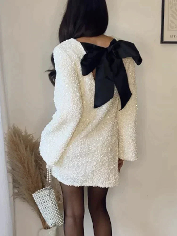 Sequin Crew Neck Long Sleeve Shift Mini Party Dress