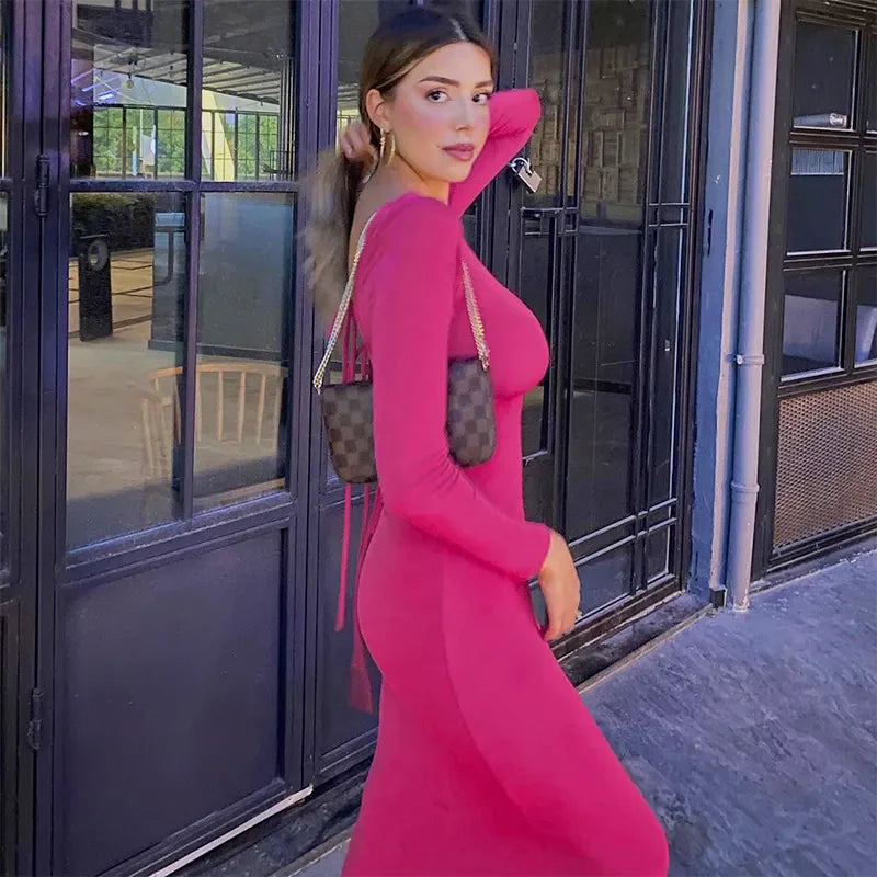 Boat Neck Long Sleeve Fitted Knit Column Maxi Dress 6