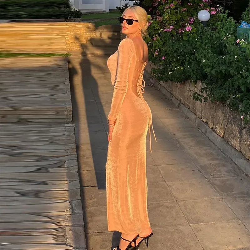 Boat Neck Long Sleeve Fitted Knit Column Maxi Dress 2